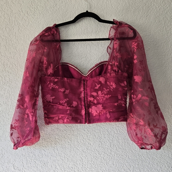 Lovers & Friends M Pink Floral Corset Crop Top Puff Sleeves - Picture 3 of 6